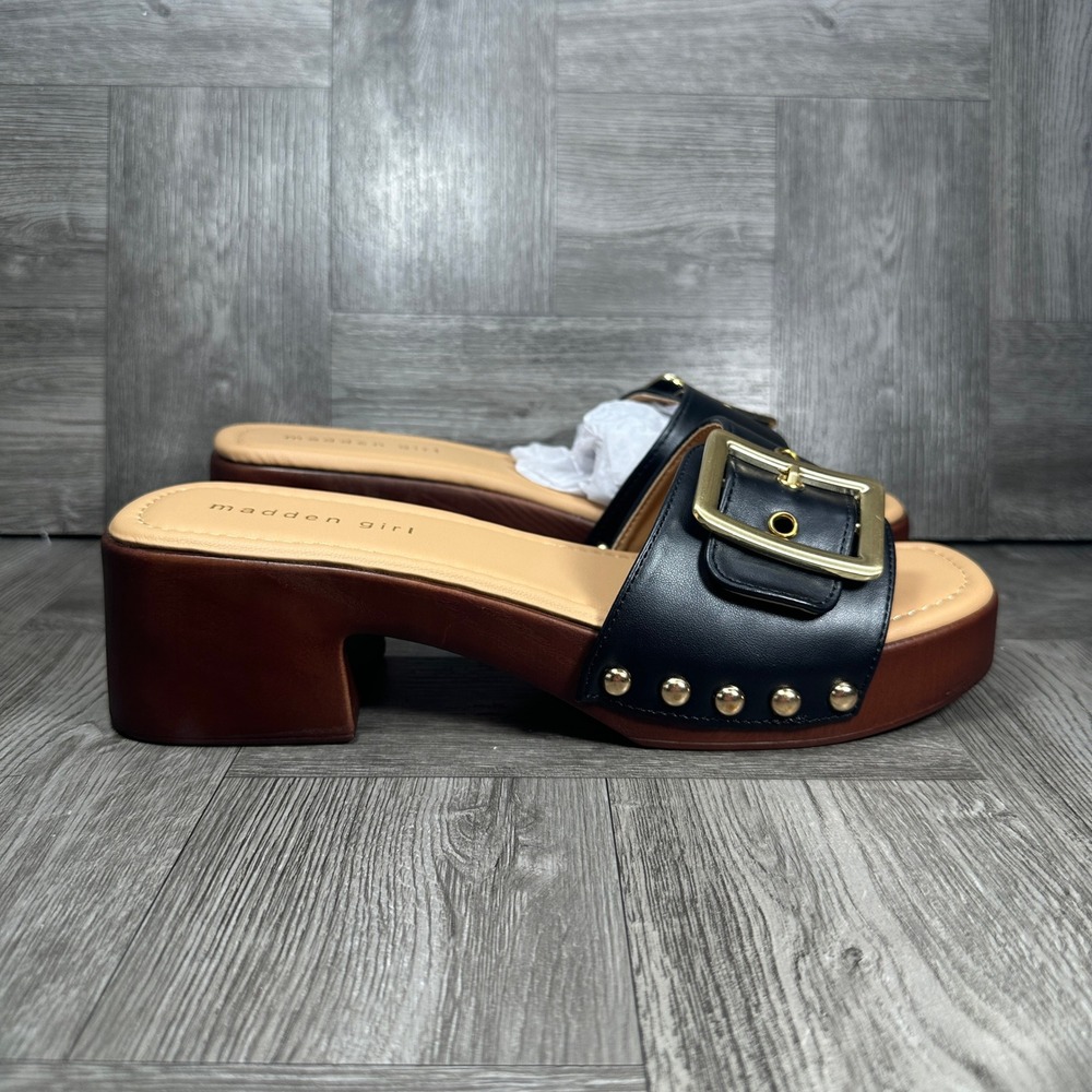 Madden Girl Womens Platform Clog Sandals Size 10 Black Studded Buckle Heel NEW